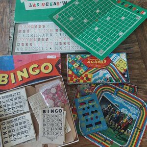 Vintage 1950s Game Lot Las Vegas Wild Bingo Card Set Steeplechase Ludo Checker
